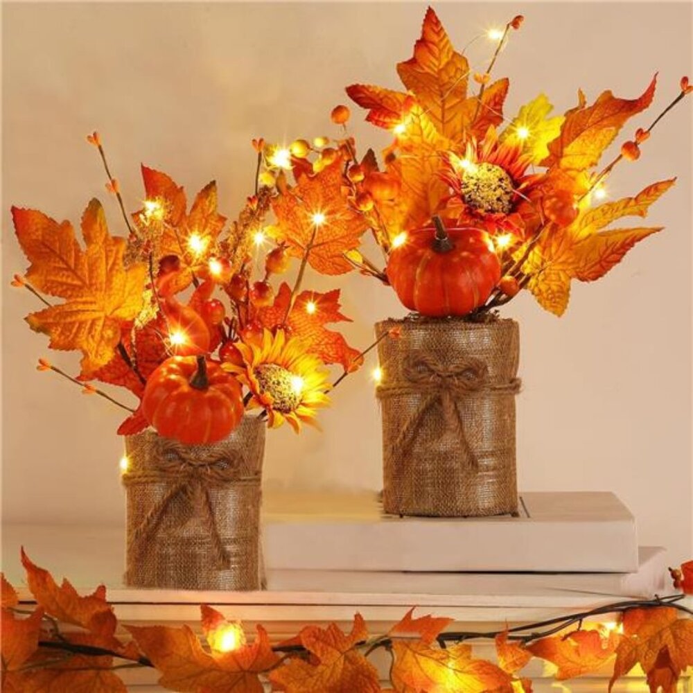 [2-Style‎ & Light Timer] 2 Pack 13 Inch Fall Decor Table Centerpiece with Lights